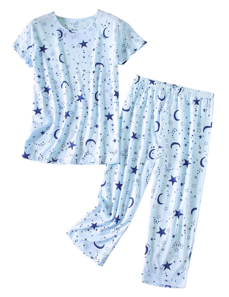 PNAEONG Womenâ€™s Pajama Set - Cotton-Blend Short-Sleeve Loose Top with Matching Capri Bottoms SY215-Blue Star-XL - Image 1